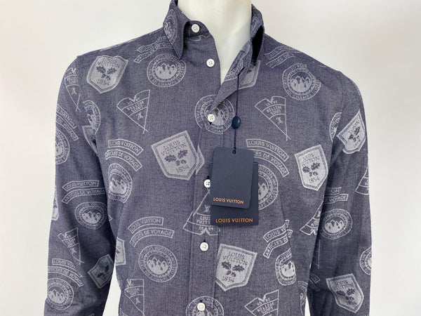Louis Vuitton Men's Navy Cotton Regular Fit Classic Shirt with Stamps