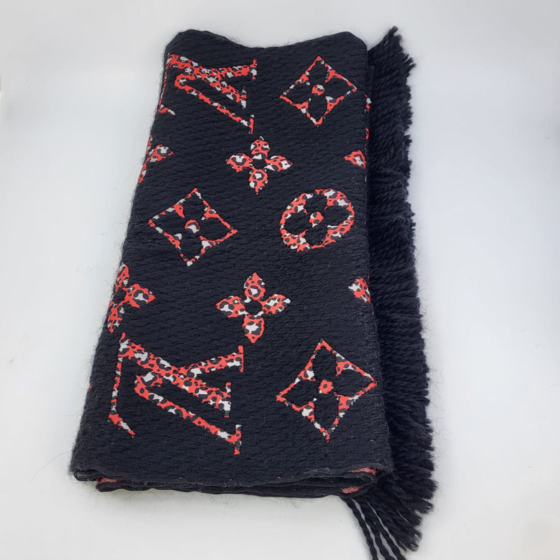 Louis Vuitton Wool Black and Silver Embroidered Jacquard Logomania Scarf