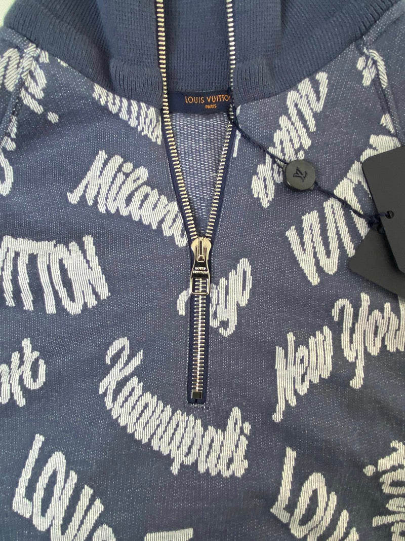 Louis Vuitton Blue Cities Jacquard Knit Half Zip Sweater L Louis