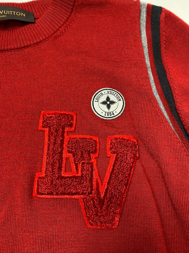 Louis Vuitton Men's Red Wool Varsity Crewneck Sweater With Patches