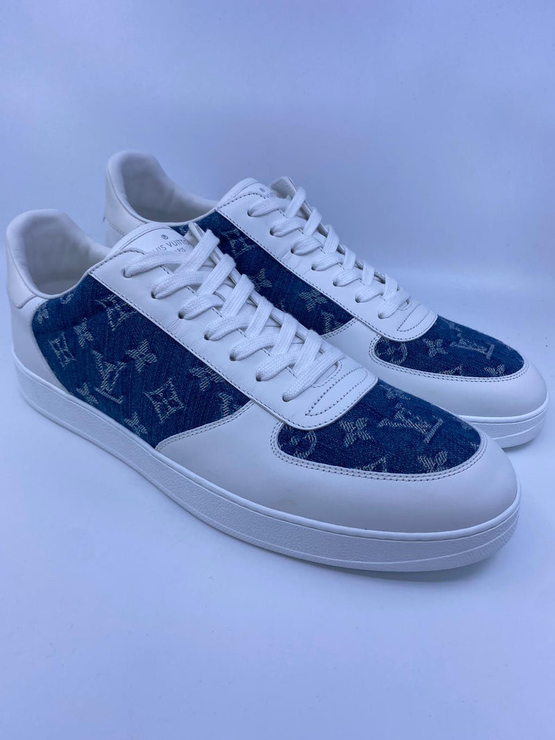 Louis Vuitton White Leather and Monogram Denim High Top Sneakers