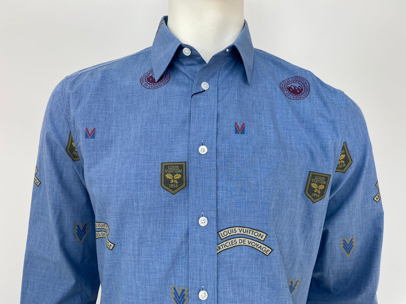 louis vuitton mens dress shirts Louis Vuitton Men's Blue Cotton Regular Fit Classic Shirt With Stamps – Luxuria & Co