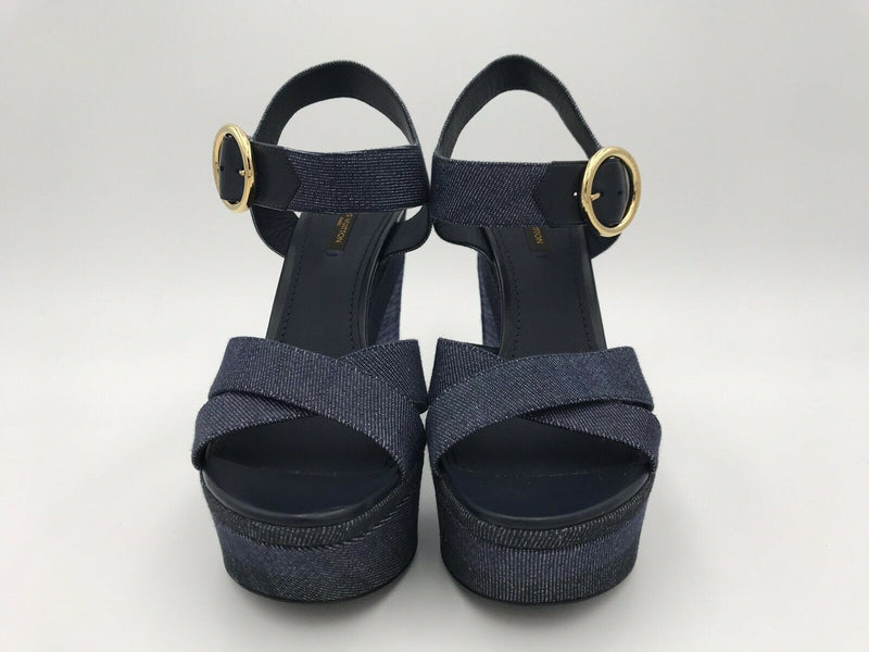 2015 Louis Vuitton denim Blue Shore Wedge Sandals.