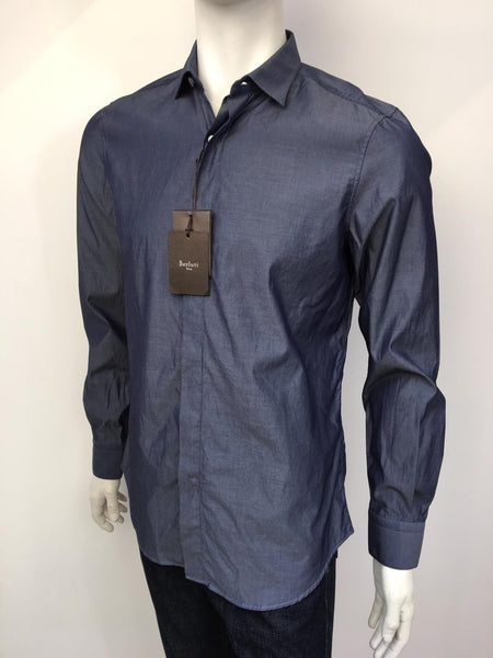 Berluti Men's Blue Cotton Chambray Slim Collar Long Sleeve Shirt ...