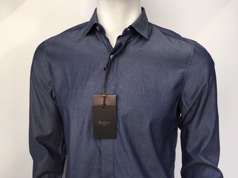 Berluti Men's Blue Cotton Chambray Slim Collar Long Sleeve Shirt ...