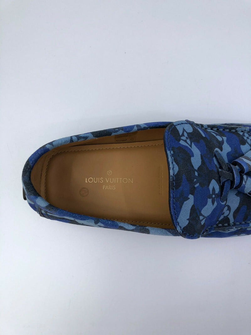 Louis Vuitton Men's Blue Suede Camo Monogram Mocassins Loafer