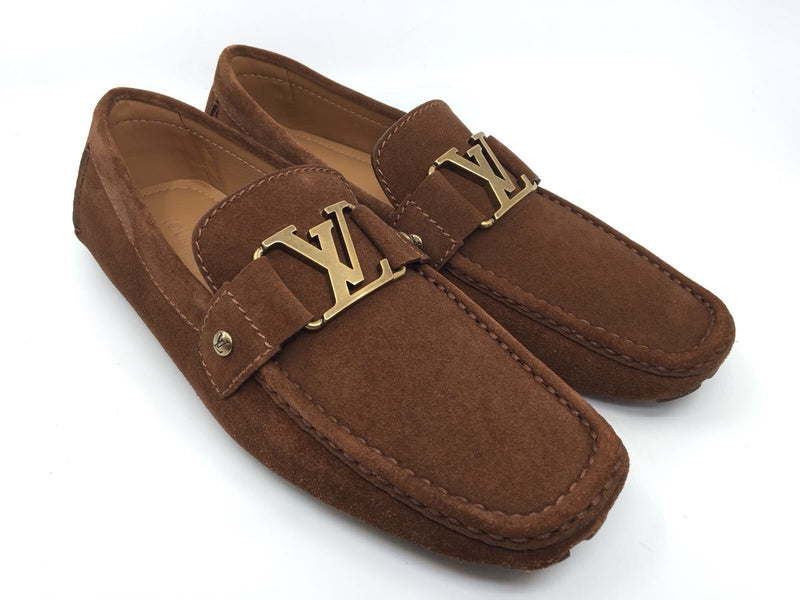 Louis Vuitton Mens Shoes Brown Suede Mocassins Loafers Gold Buckle 10.5