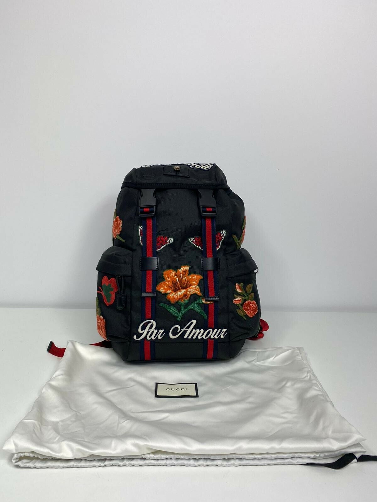 GUCCI L\'Aveugle Par Amour Embroidered Canvas Backpack Black AUTHENTIC + Dustbag Buy Gucci Black Canvas Embroidered Patch L main image 3