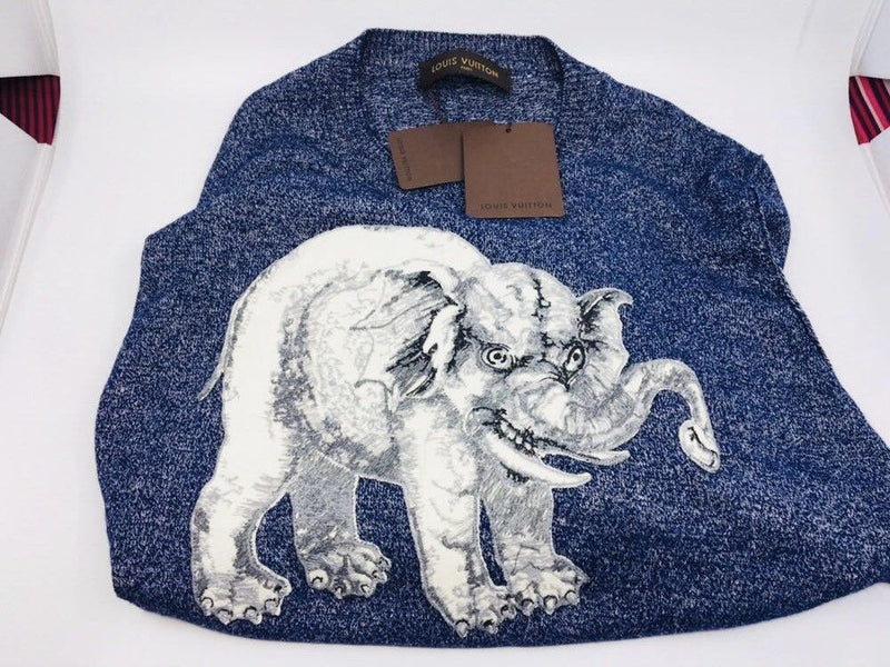 Louis Vuitton Men's Navy Linen Wool Chapman Elephant Crewneck