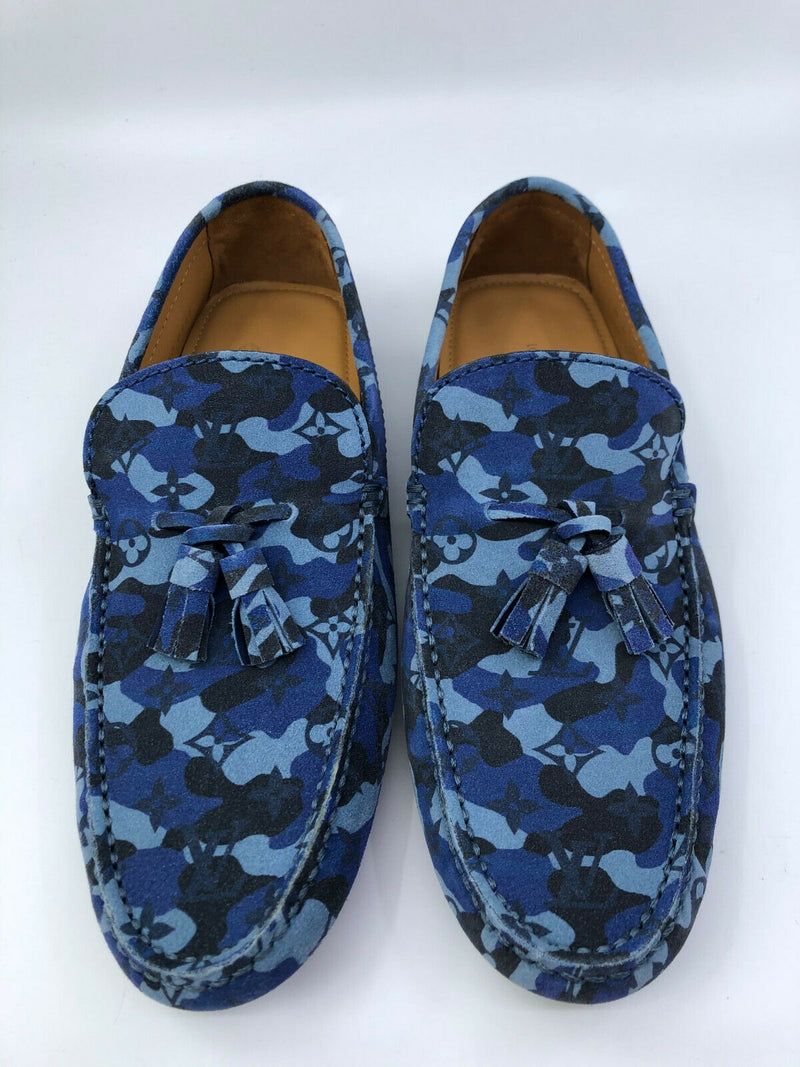 Louis Vuitton Men's Blue Suede Camo Monogram Mocassins Loafer – Luxuria &  Co.