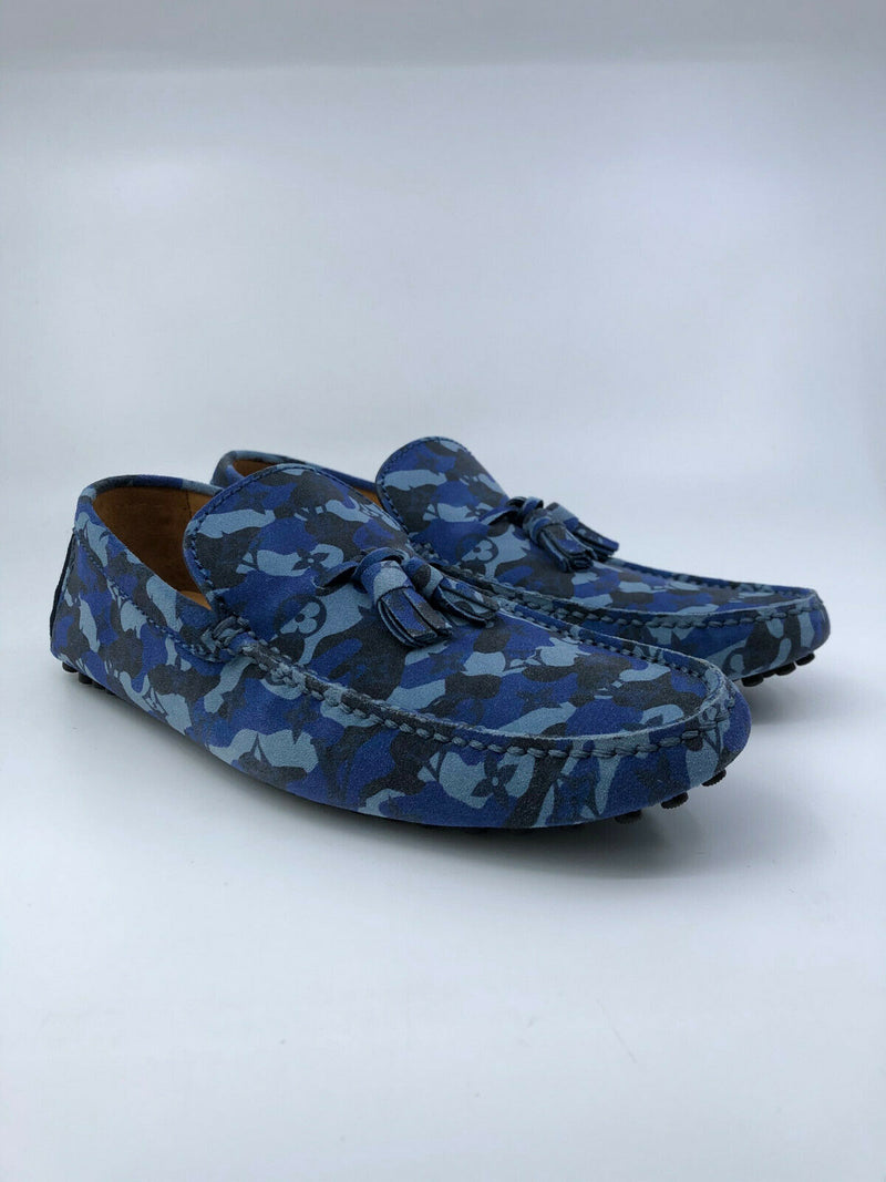 Louis Vuitton Men's Blue Suede Camo Monogram Mocassins Loafer