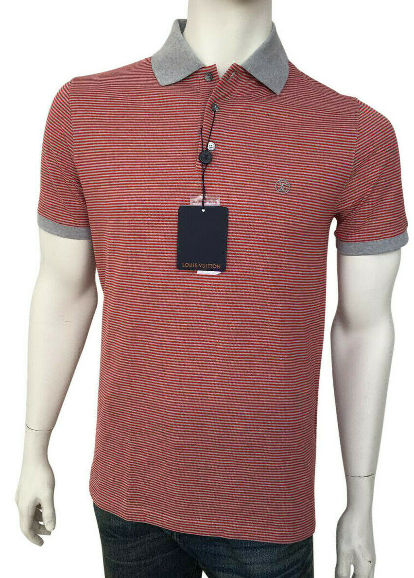 Louis Vuitton Men's Red Gray Cotton Fil a Fil Striped Polo Shirt