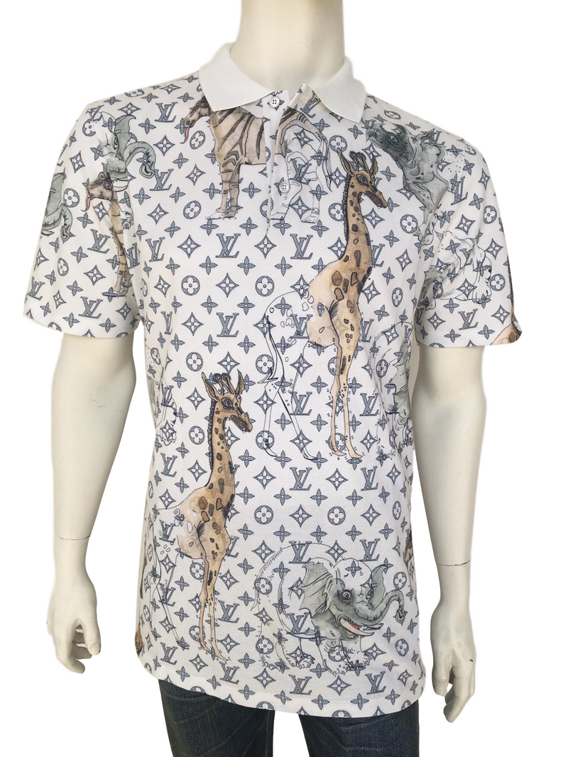 Louis Vuitton Men's White Cotton Chapman Monogram Animals Polo Louis Vuitton Men's White Cotton Chapman Monogram Animals Polo