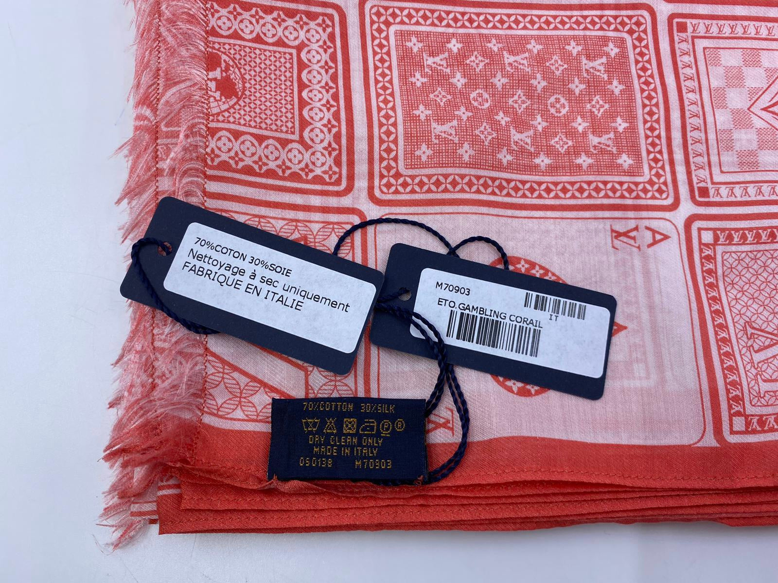 Louis Vuitton Men's Cotton Silk Gambling Corail Stole / Scarf Louis Vuitton Men's Cotton Silk Gambling Corail Stole / Scarf