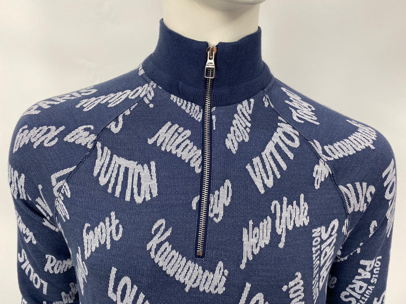 Louis Vuitton Blue Cities Jacquard Knit Half Zip Sweater L Louis