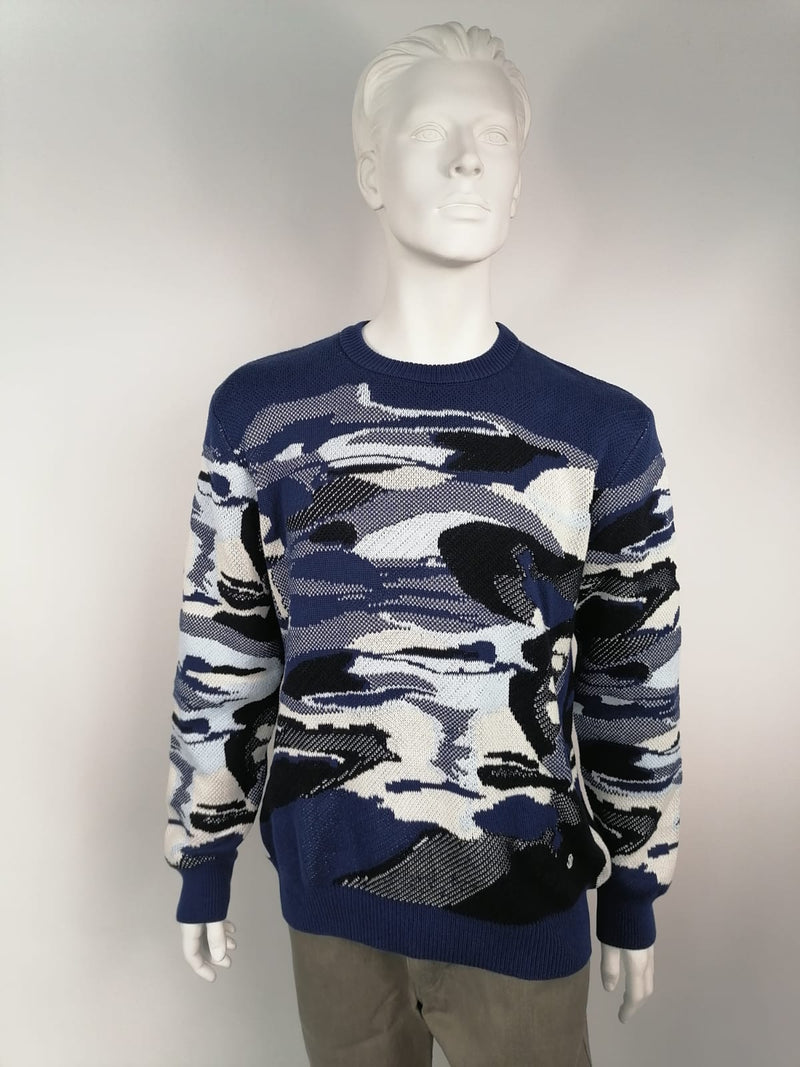 Louis Vuitton Men's Blue Camo Pique Jacquard Crewneck Sweater size M