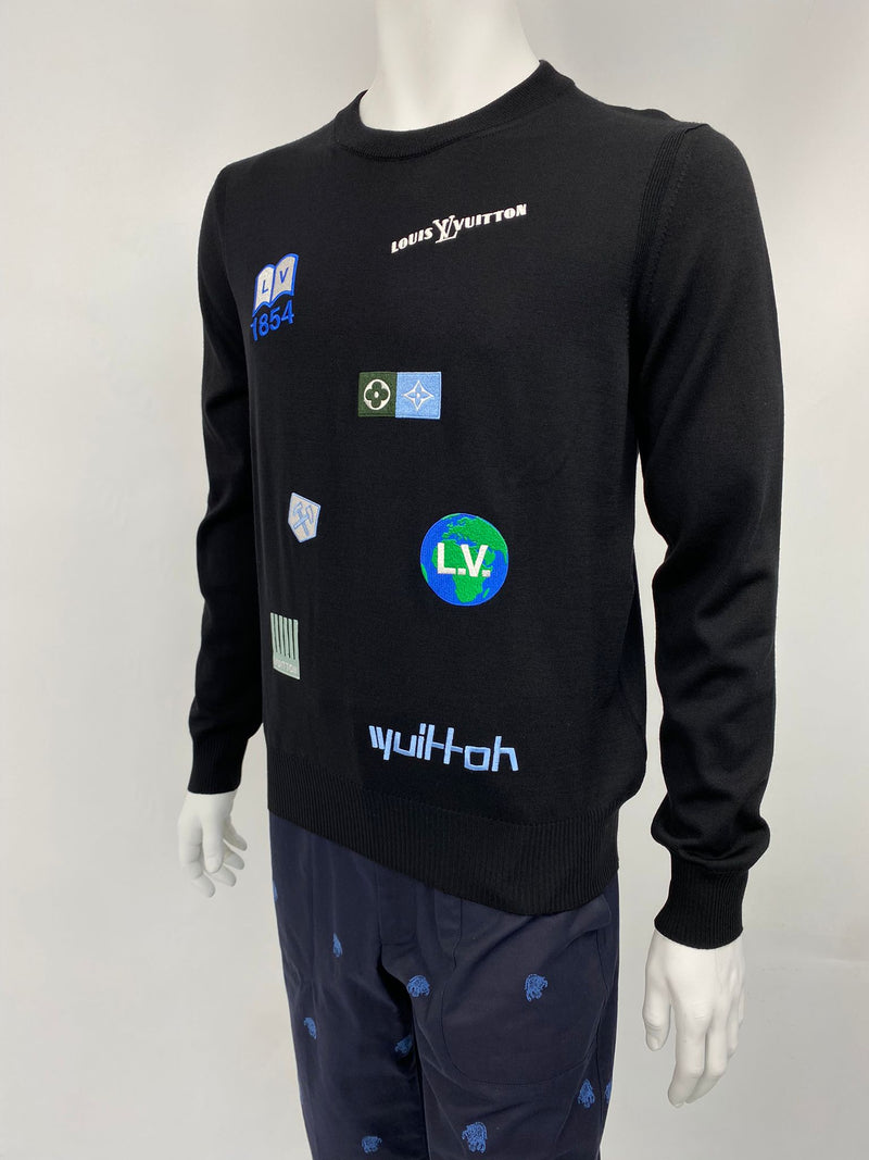 Louis Vuitton Men's Black Wool Embroidered Multi Logo Crewneck