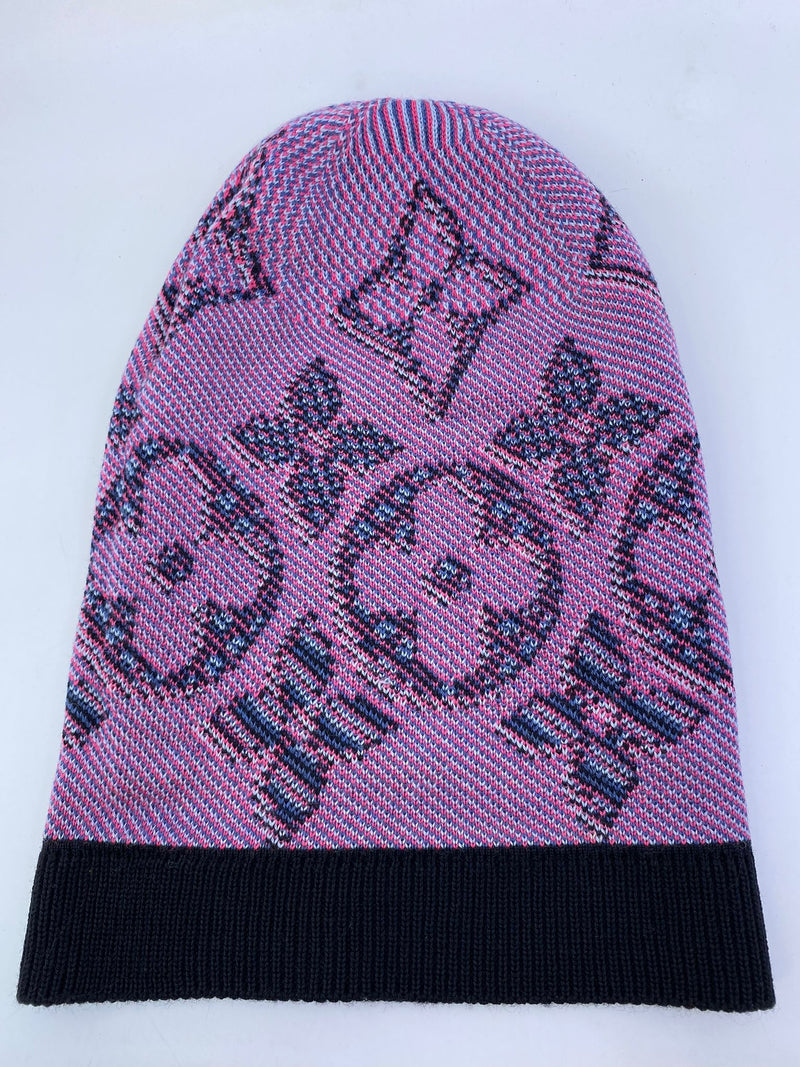 LOUIS VUITTON Knit Beanie Hat 100% Wool Purple Pink Monogram