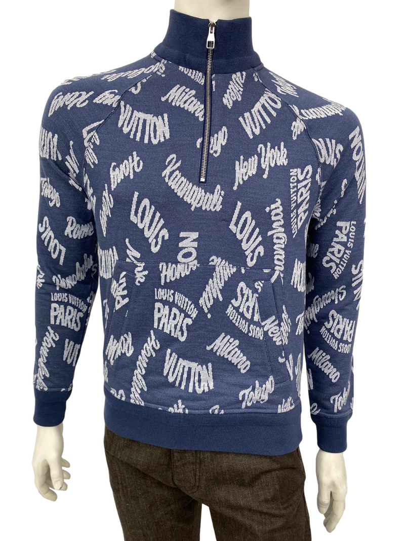 Louis Vuitton Navy Cotton Jacquard Cities Half Zip Sweater Louis Vuitton Navy Cotton Jacquard Cities Half Zip Sweater