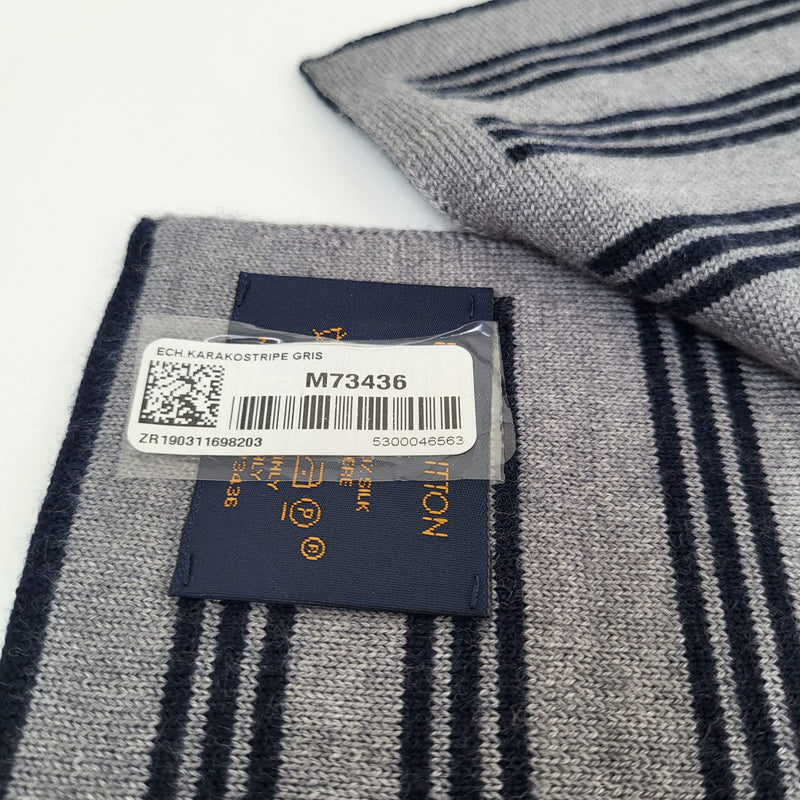 Louis Vuitton Men's Gray Wool Cashmere Silk Karakostripe Scarf