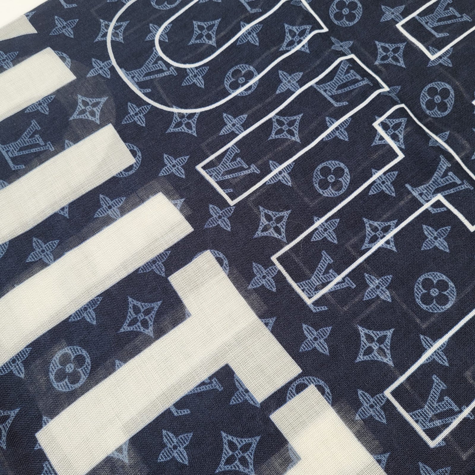 Louis Vuitton Men's Navy Cashmere Silk LV List Shawl Scarf MP2123