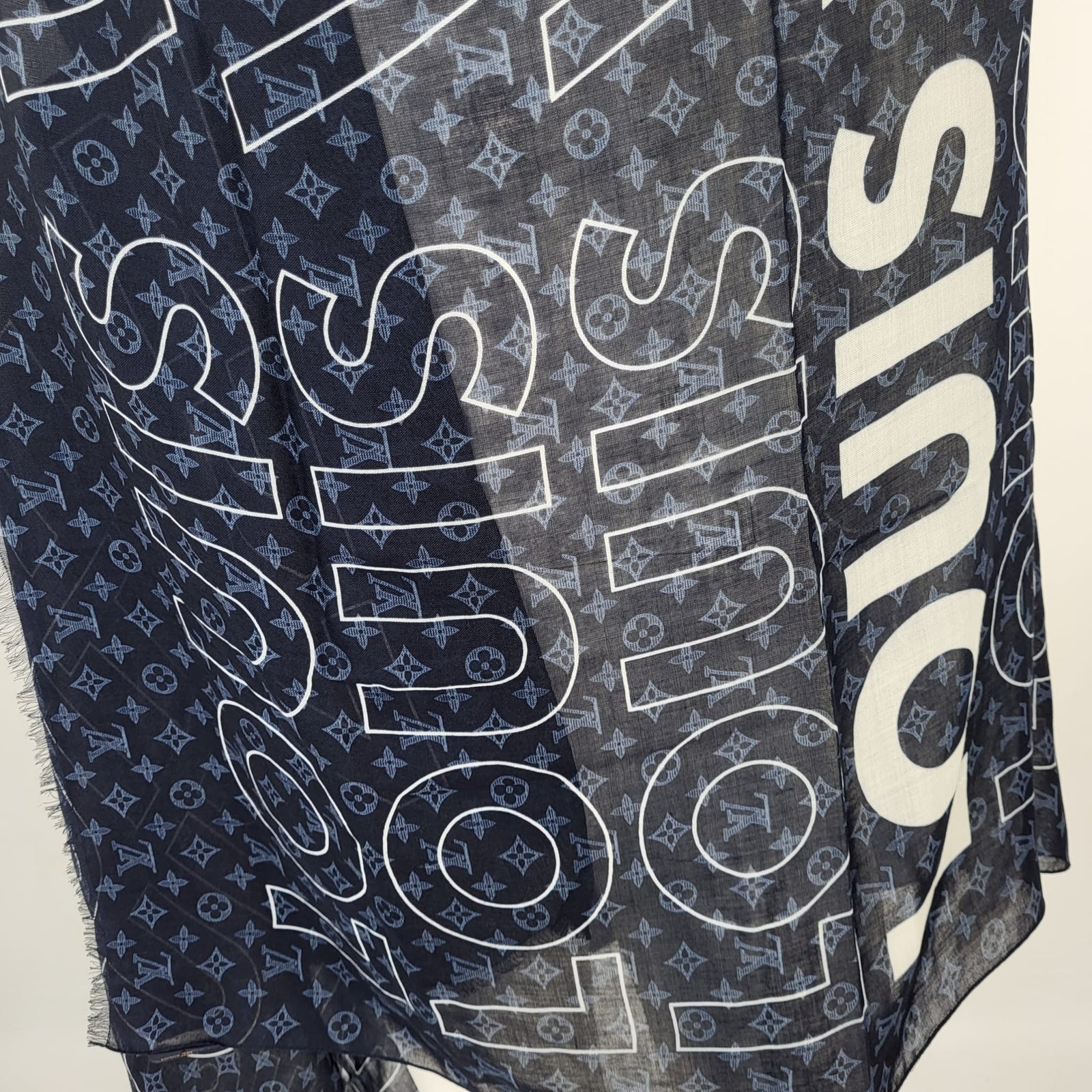 Louis Vuitton Men's Navy Cashmere Silk LV List Shawl Scarf MP2123