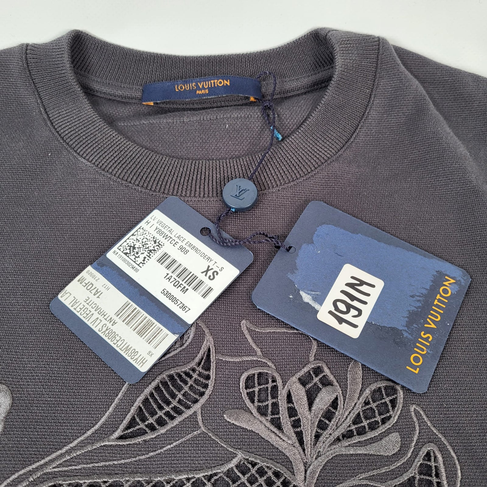Louis Vuitton Men's Gray Cotton LV Vegetal Lace Embroidery T