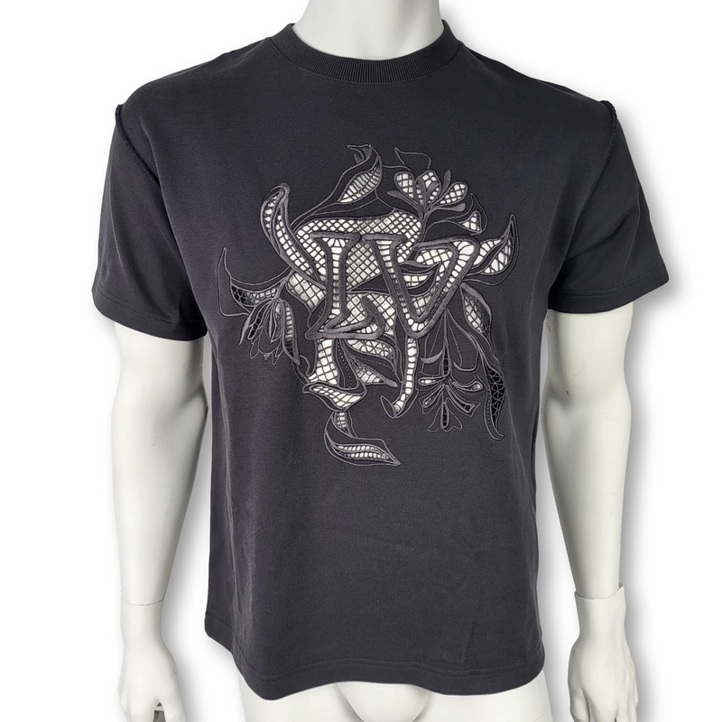 Louis Vuitton Men's Gray Cotton LV Vegetal Lace Embroidery T-Shirt Louis Vuitton Men's Gray Cotton LV Vegetal Lace Embroidery T-Shirt