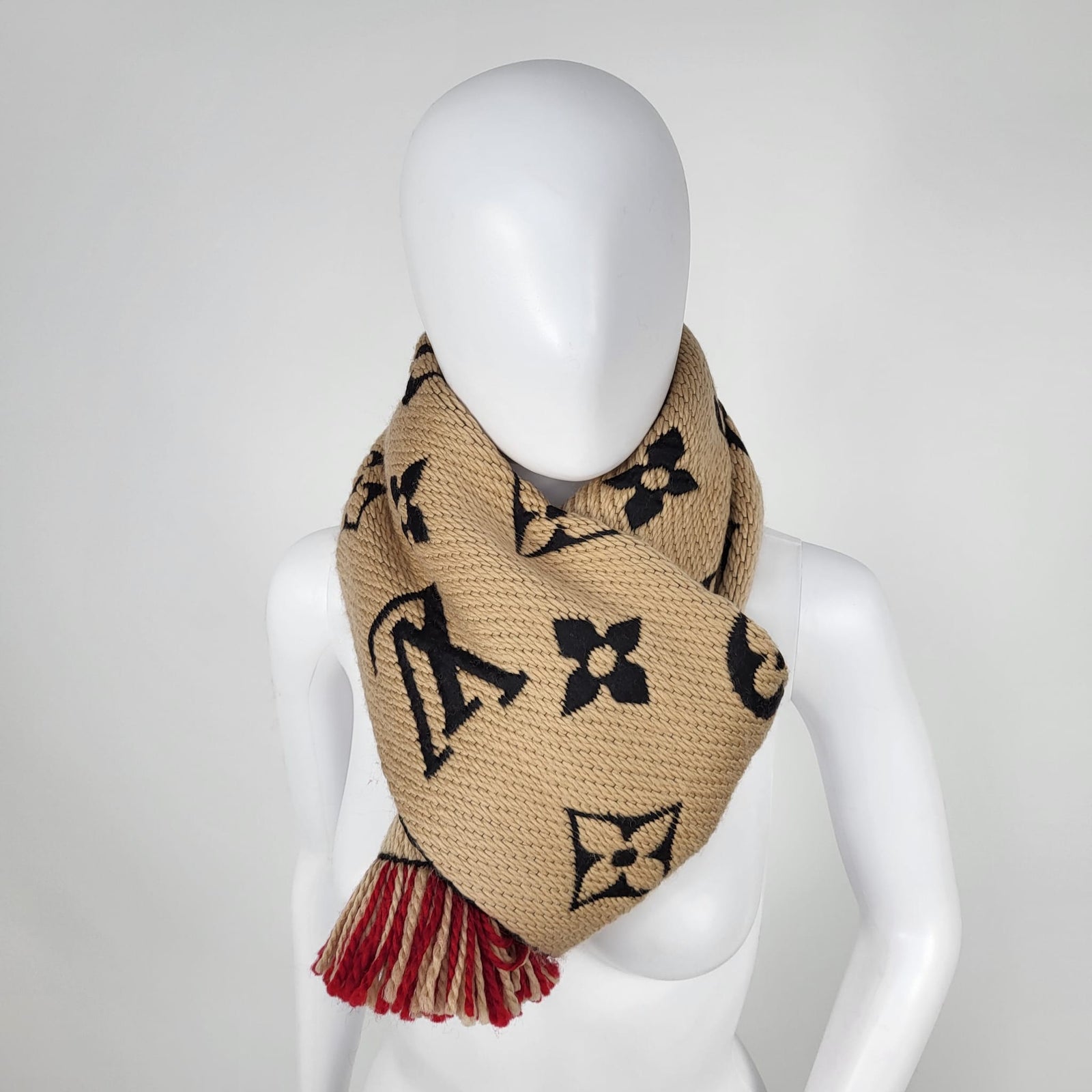 Louis Vuitton Women's Beige & Red Wool Silk Logomania Duo Scarf