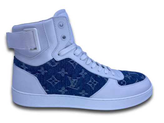 Louis Vuitton White Calfskin Monogram Denim Rivoli Sneaker, Color: Bl