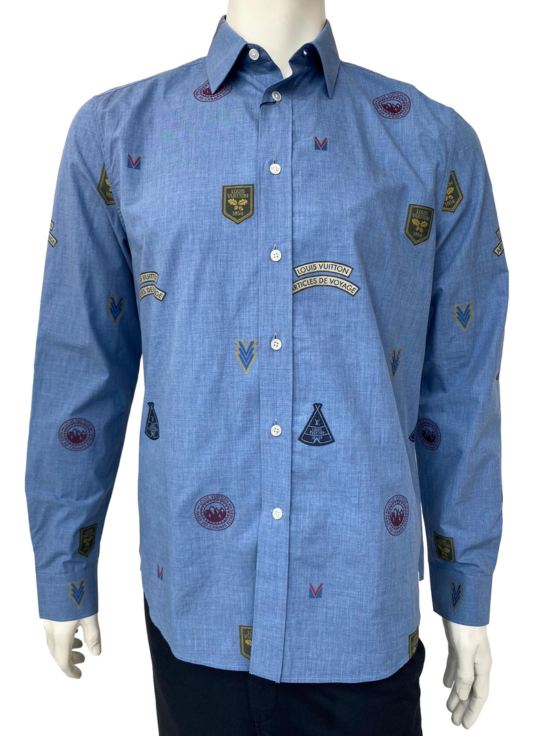 Louis Vuitton Men's Blue Cotton Regular Fit Classic Shirt With Stamps Luxuria & Co. Louis Vuitton Men's Blue Cotton Regular Fit Classic Shirt With Stamps Luxuria & Co.