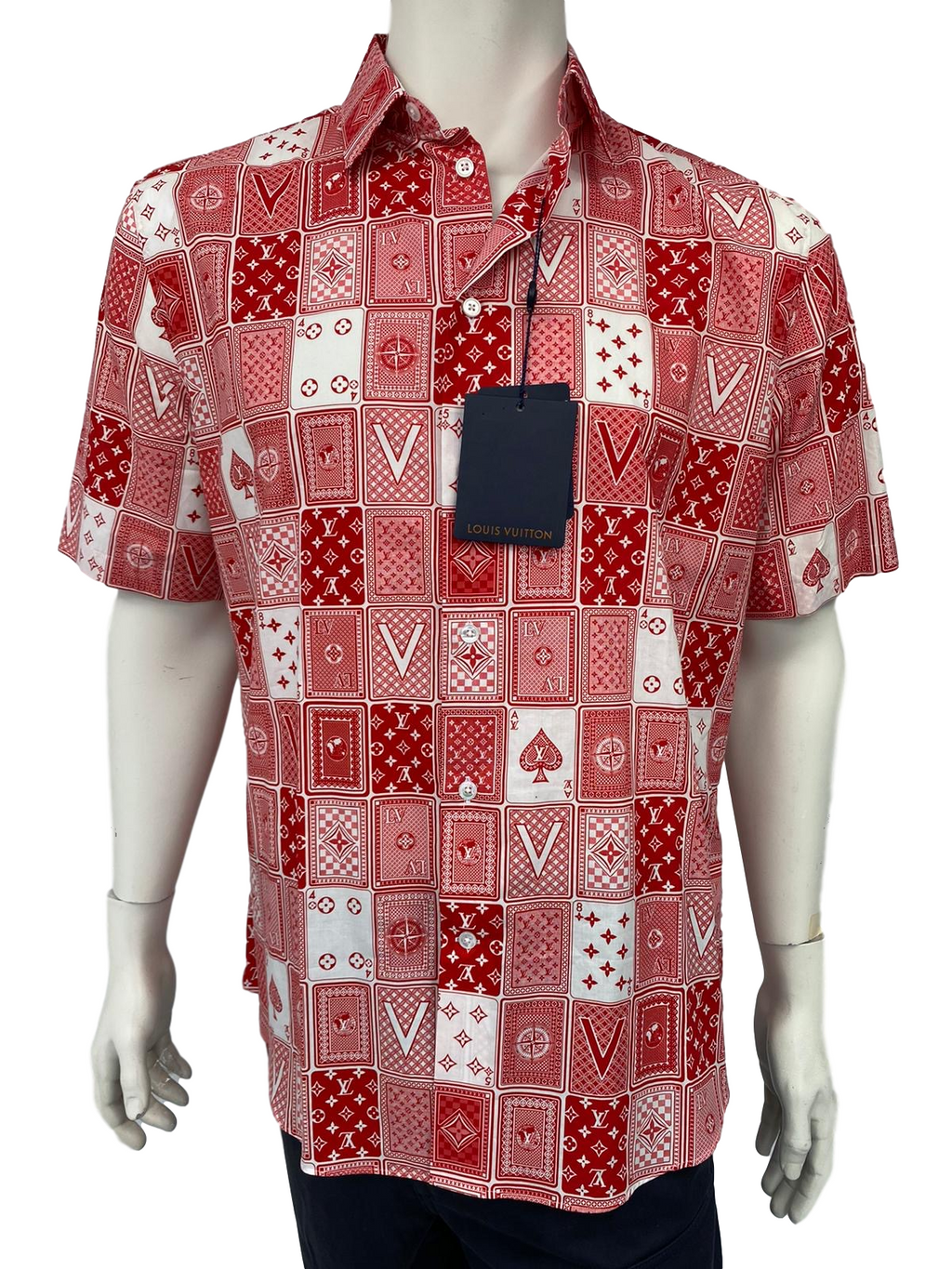 Louis Vuitton Mens Red and White Cotton Regular Fit Short Sleeve Card Shirt   Luxuria  Co