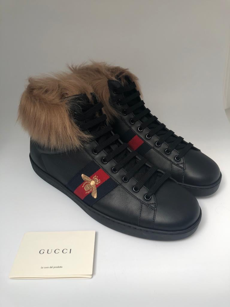 Gucci Black Leather Vintage Web Wool Fur New Ace Sneakers Men's Size 11-11.5