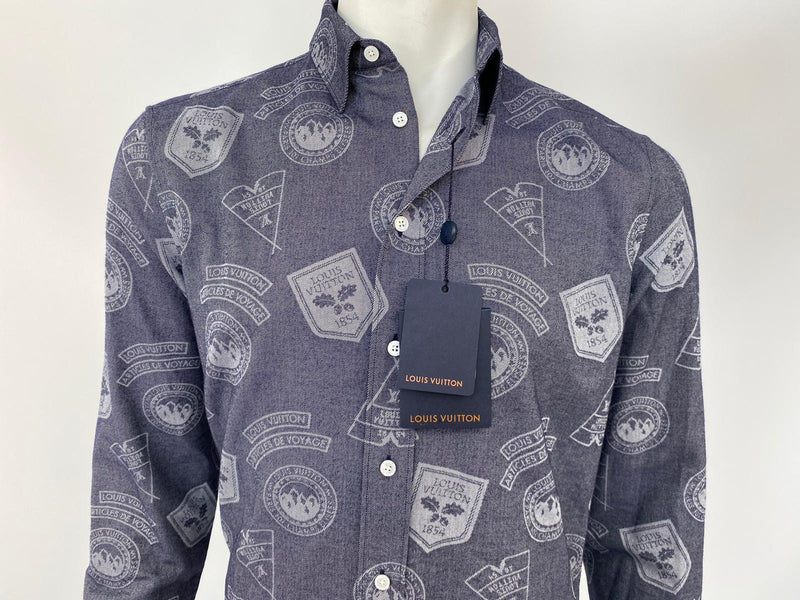 Louis Vuitton Men's Navy Cotton Regular Fit Classic Shirt With Stamps Luxuria & Co. Louis Vuitton Men's Navy Cotton Regular Fit Classic Shirt With Stamps Luxuria & Co.