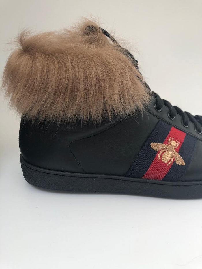 Gucci Men's Black Leather Ace High-Top Sneaker With Fur