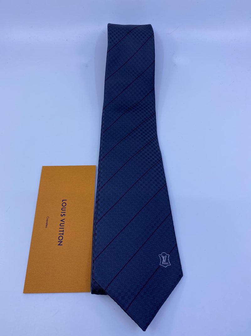 Louis Vuitton Men's Navy SIlk Petit Damier Striped LV Crest Tie