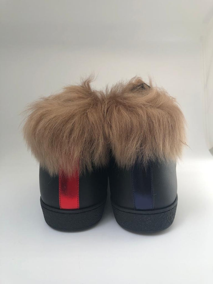 Gucci Men's Black Leather Ace High-Top Sneaker With Fur