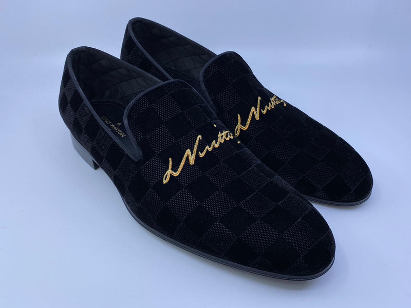 Louis Vuitton Black Velvet Logo Embroidered Slip On Loafers Size 42.5 Louis  Vuitton