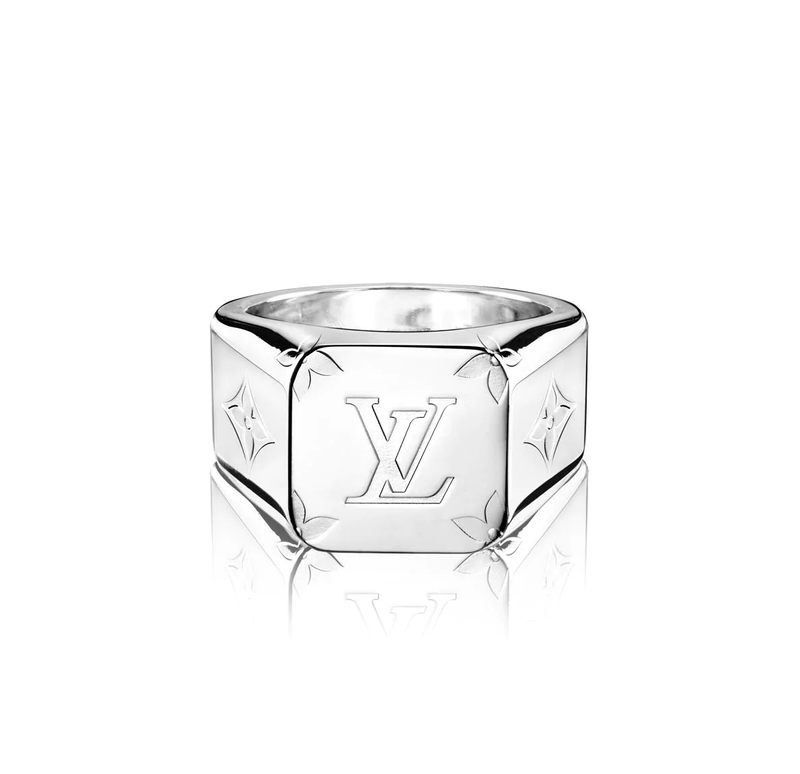 Louis Vuitton Monogram Signet Ring Palladium Metal. Size M
